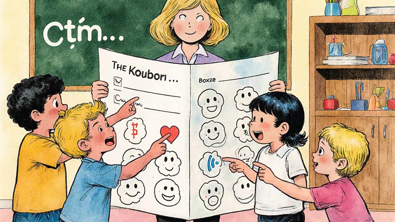 Logopedka pracuje s dětmi u tabule s barevnými obrázky emocí, děti ukazují na kresby.