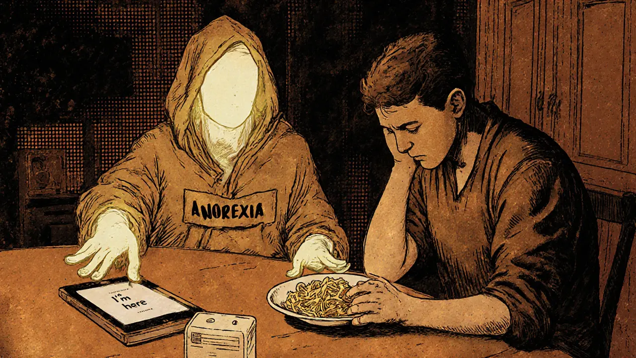 Muž drží talíř s těstovinami v noci, zatímco jeho minulý odraz se táhne z stínů.