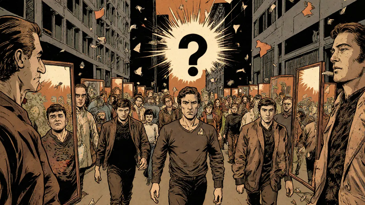 Muž prochází ulicí, jeho odrazy v zrcadlech ukazují různé verze jeho sebe, obličeje kolem jsou prázdné.