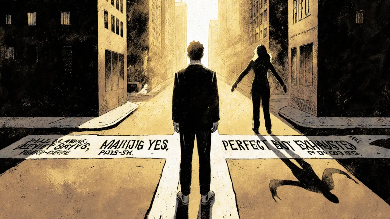 Osoba na křižovatce s cestami reprezentujícími opakující se vzory chování, za ní stín, před ní světlo.