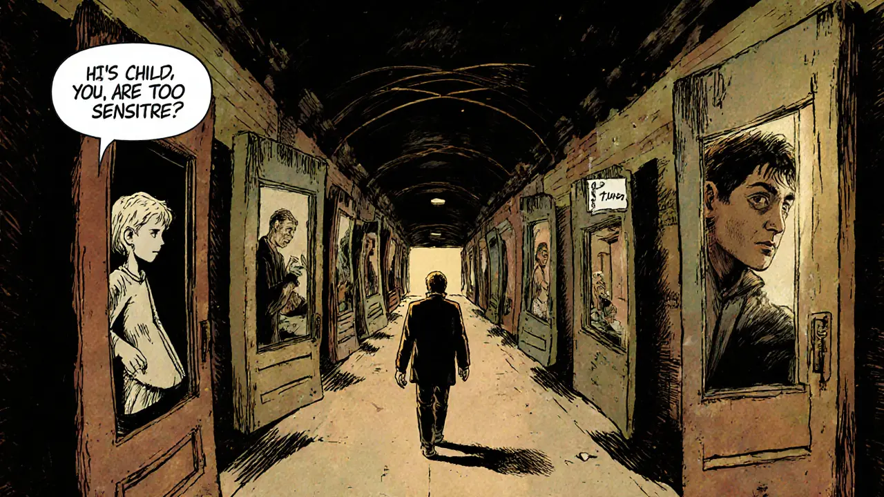 Osoba prochází chodbou dveří, každá ukazuje klíčový okamžik života — některé temné, jiné osvětlené.