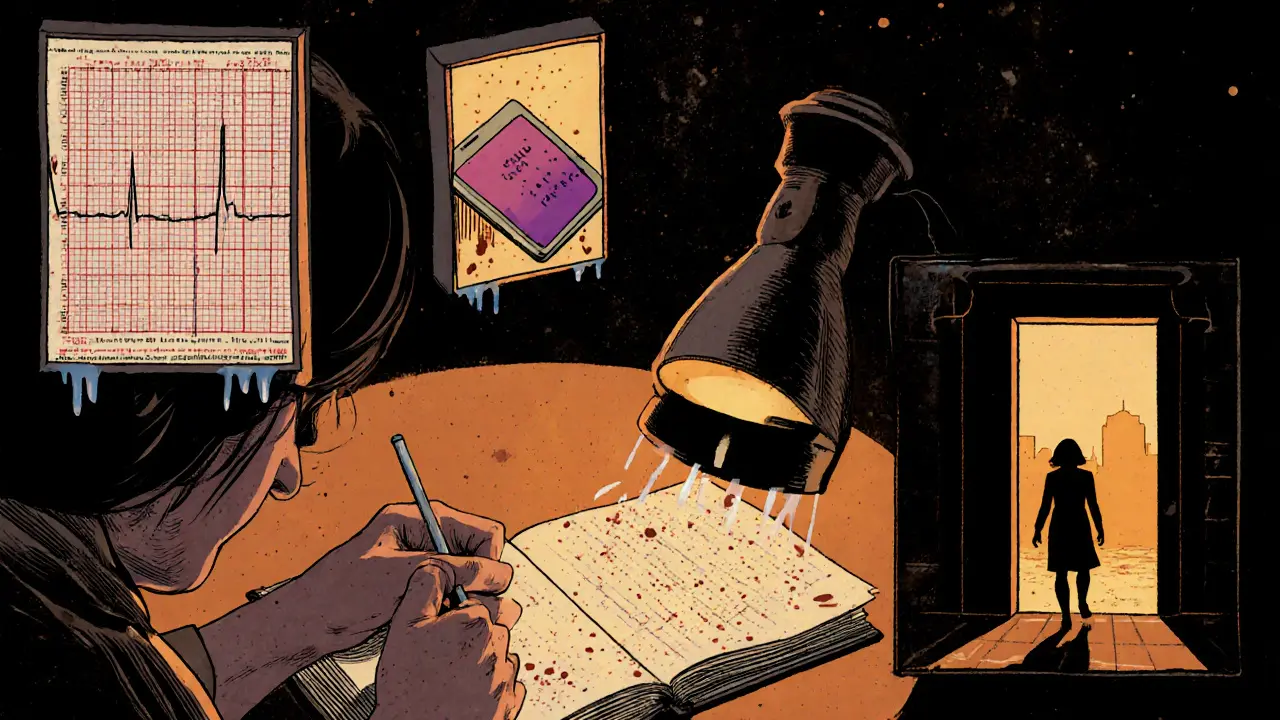 Osoba vede deník panických záchvatů ve tmě, kolem ní se objevují vzpomínky.