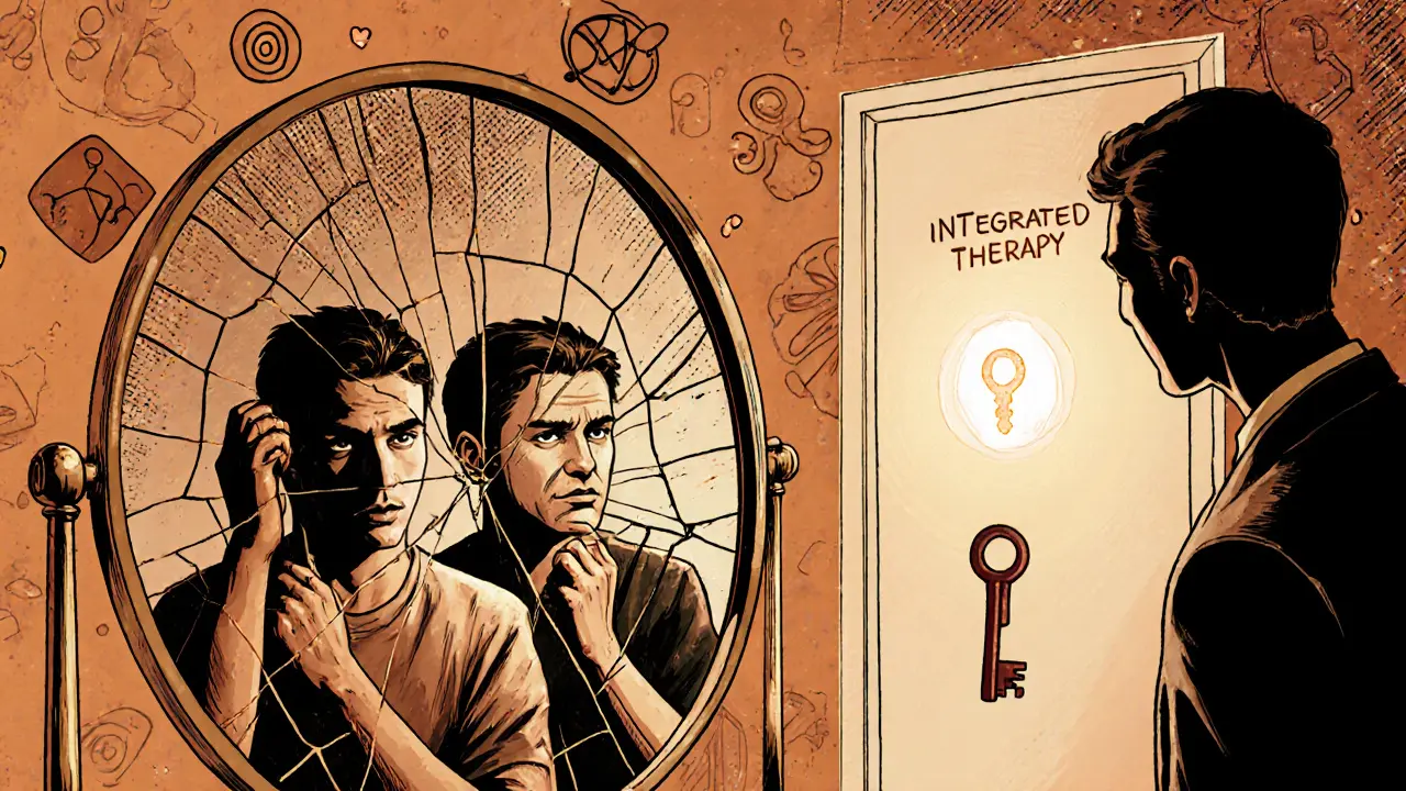 Pacient se dívá do zrcadla, kde vidí tři různé verze sebe sama, terapeut u dveří s klíčem.