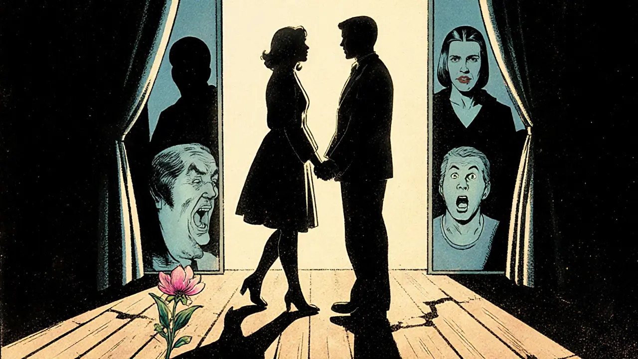 Pár drží ruce v dveřích, jejich stíny se slučují, zatímco minulé konflikty mizí.