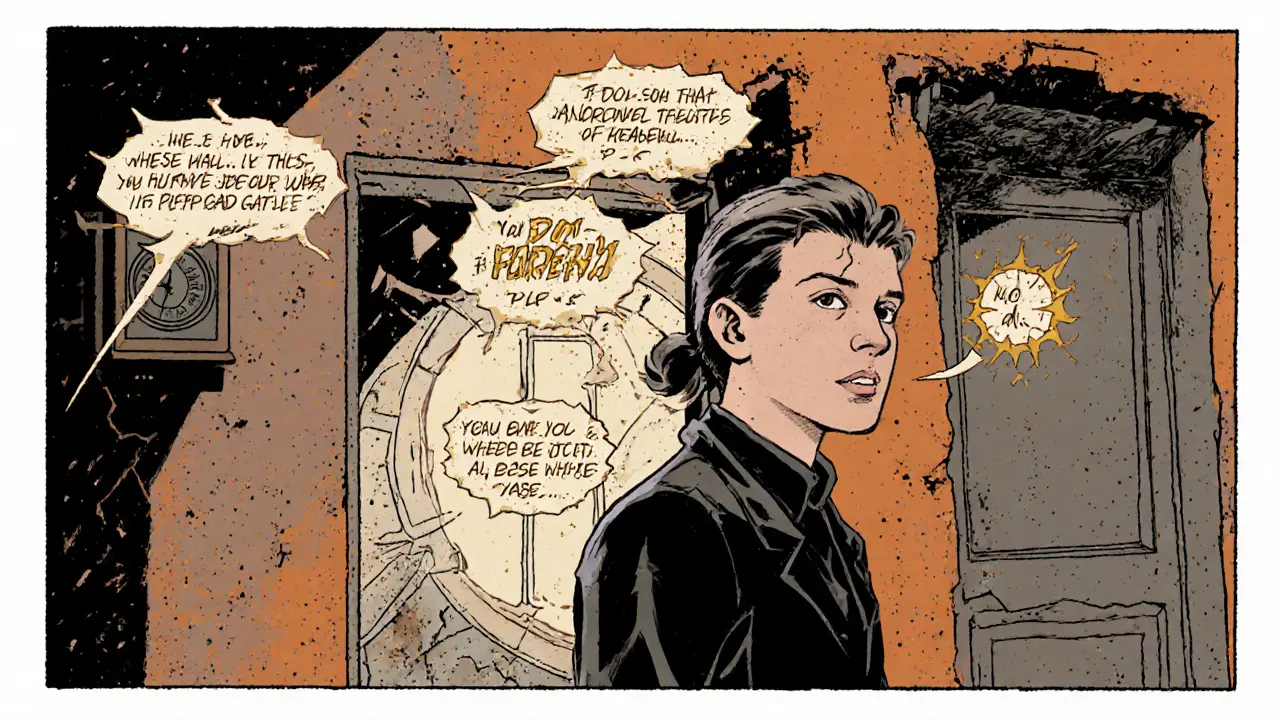 Pár provádí cvičení naslouchání, slova se objevují jako zlaté písmena v ovzduší.