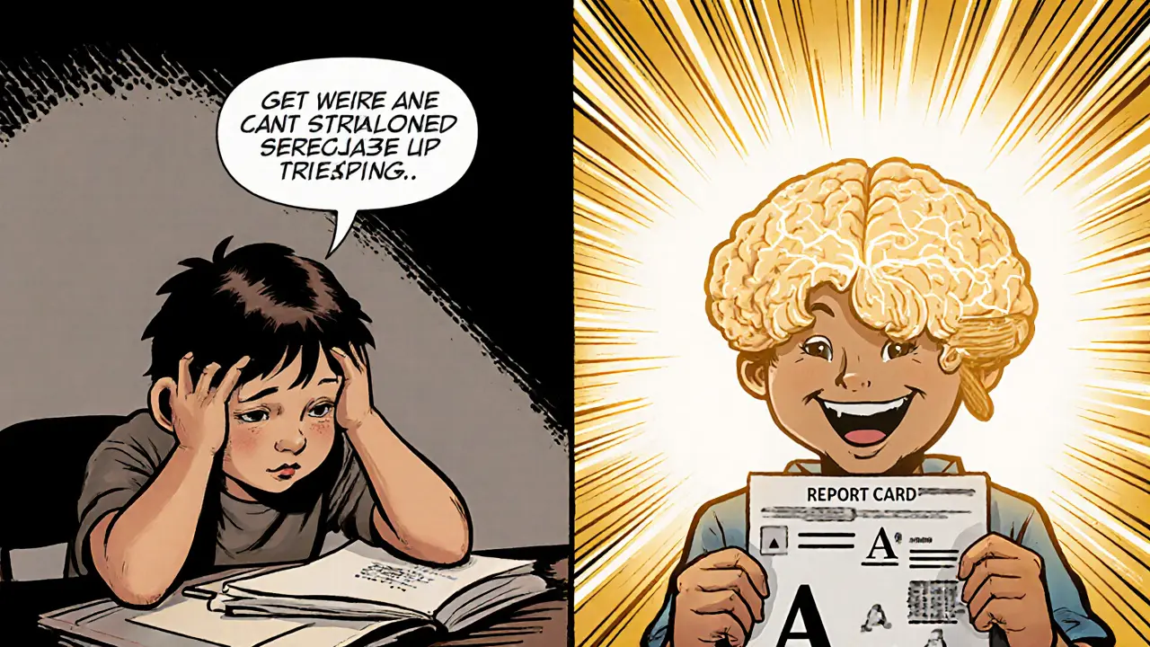 Před a po: dítě s horšími známkami a potom s výbornými, s jasnějším mozkem v pozadí.