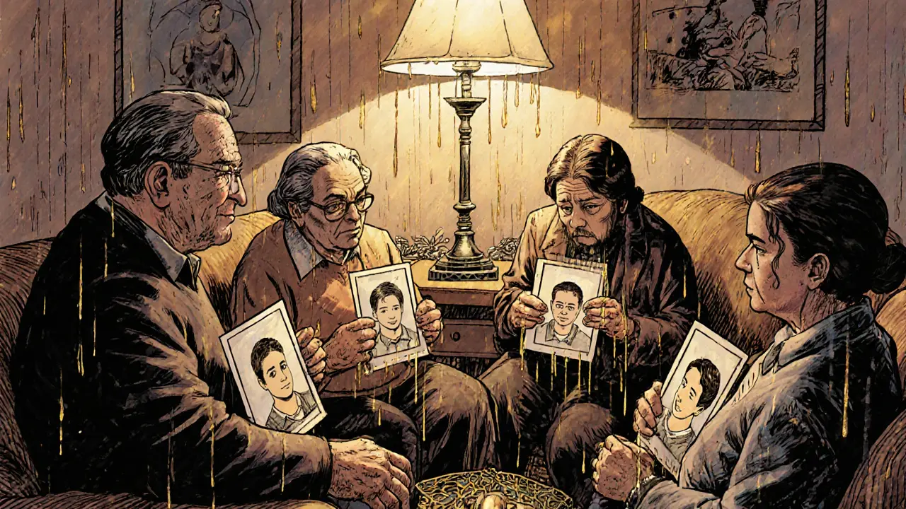 Rodina sedí v kruhu, drží fotografie zemřelého dítěte, spojení rukama.