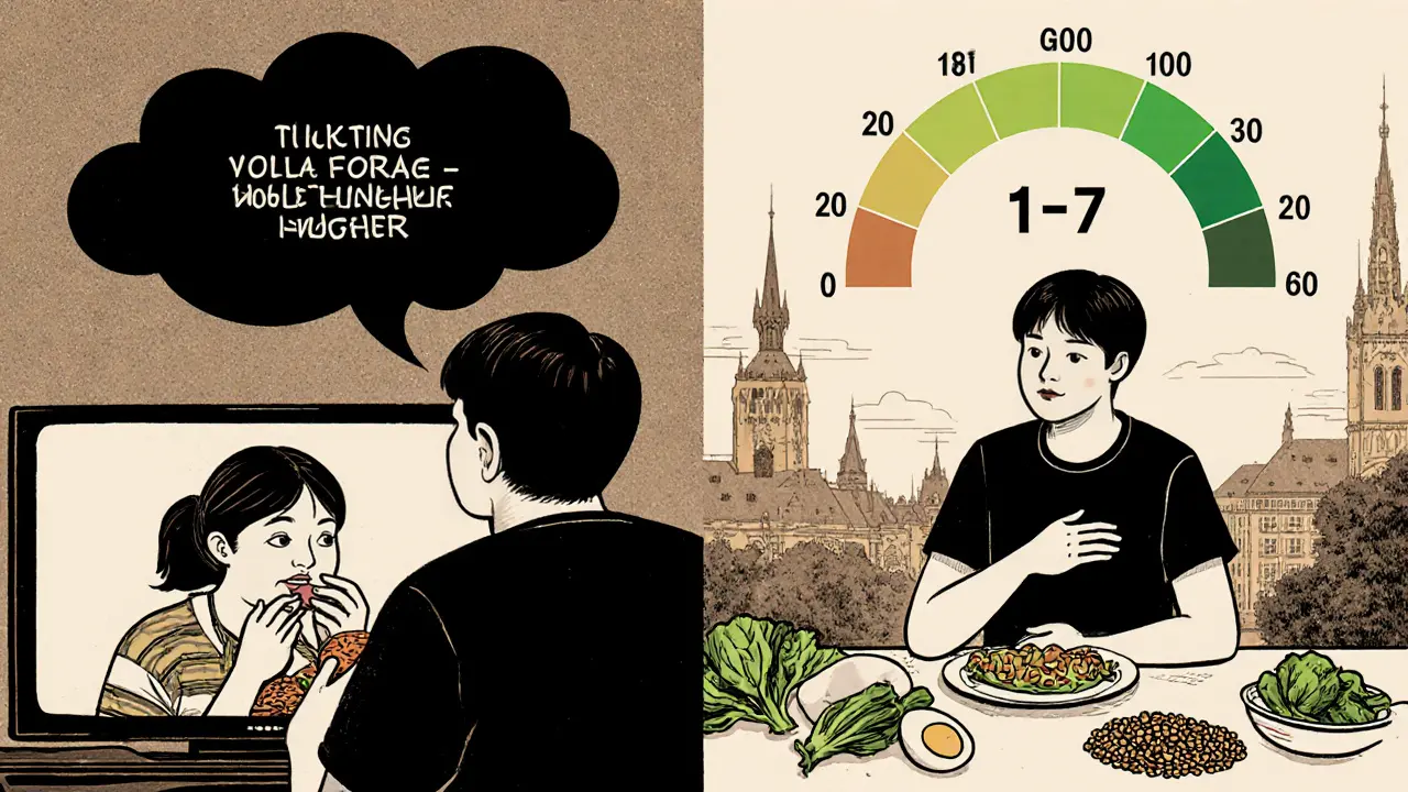 Rozdělený scénář: emocionální hlad vs. vědomé jídlo s škálou 1-10.