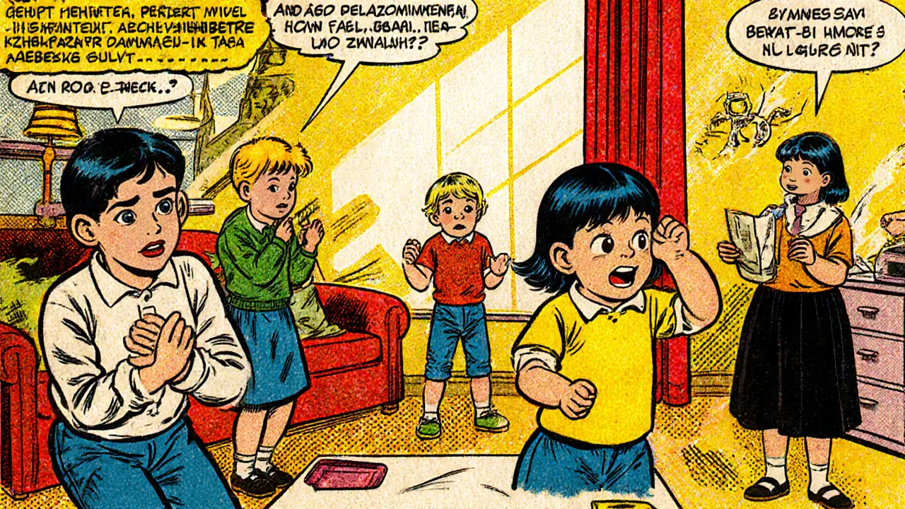 Skupina dětí hraje terapeutické role v teplé místnosti pod vedením psychologa, výrazné emoce a dynamické pózy.