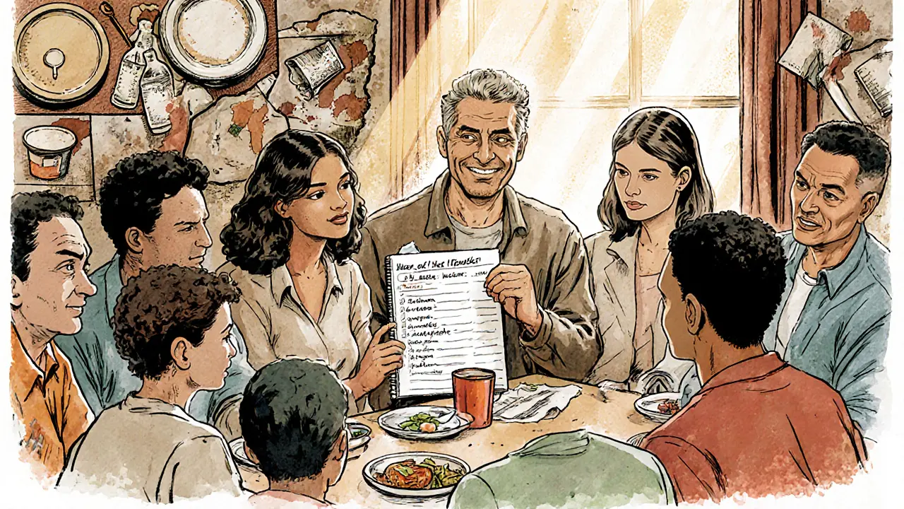 Skupina dospělých a rodičů se sešla v podpůrném kruhu, drží seznam jídel, která zkusili.