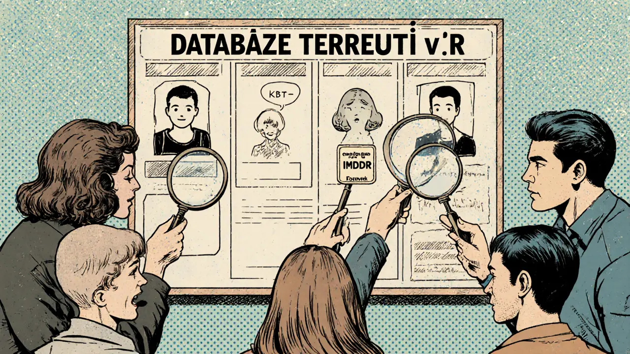 Skupina lidí analyzuje tabuli s databázemi terapeutů a označením příspěvku ČPZP.