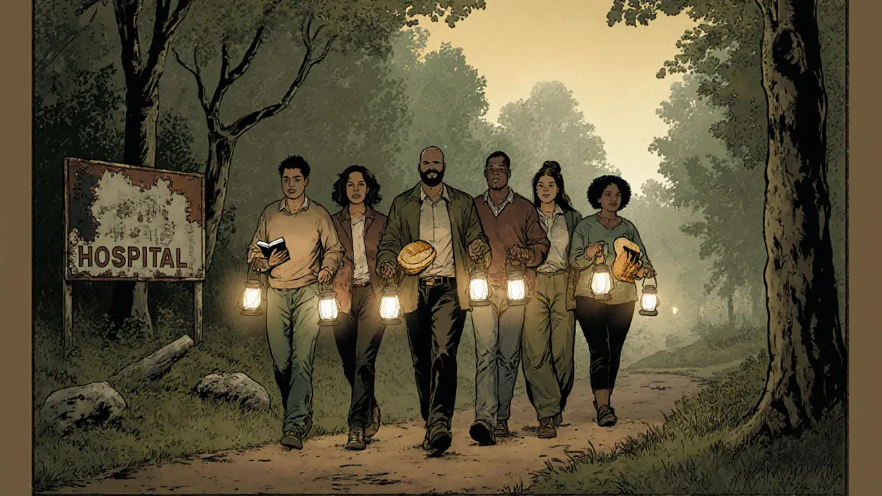 Skupina lidí kráčí lesní cestou s lucernami, symbolizující podporu a uzdravení.