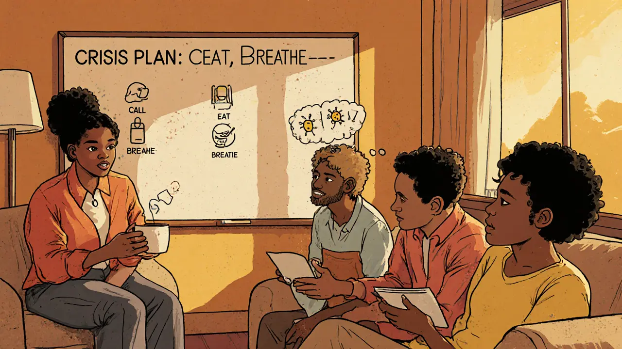 Skupina lidí se podporuje v domácím prostředí, na tabuli je krizový plán a teplé osvětlení.