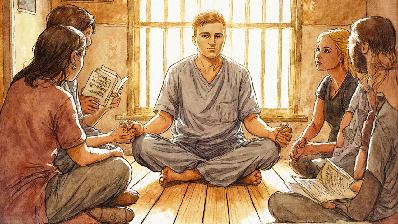 Skupina lidí ve společné terapii v domácím prostředí, kde se vzájemně podporují.