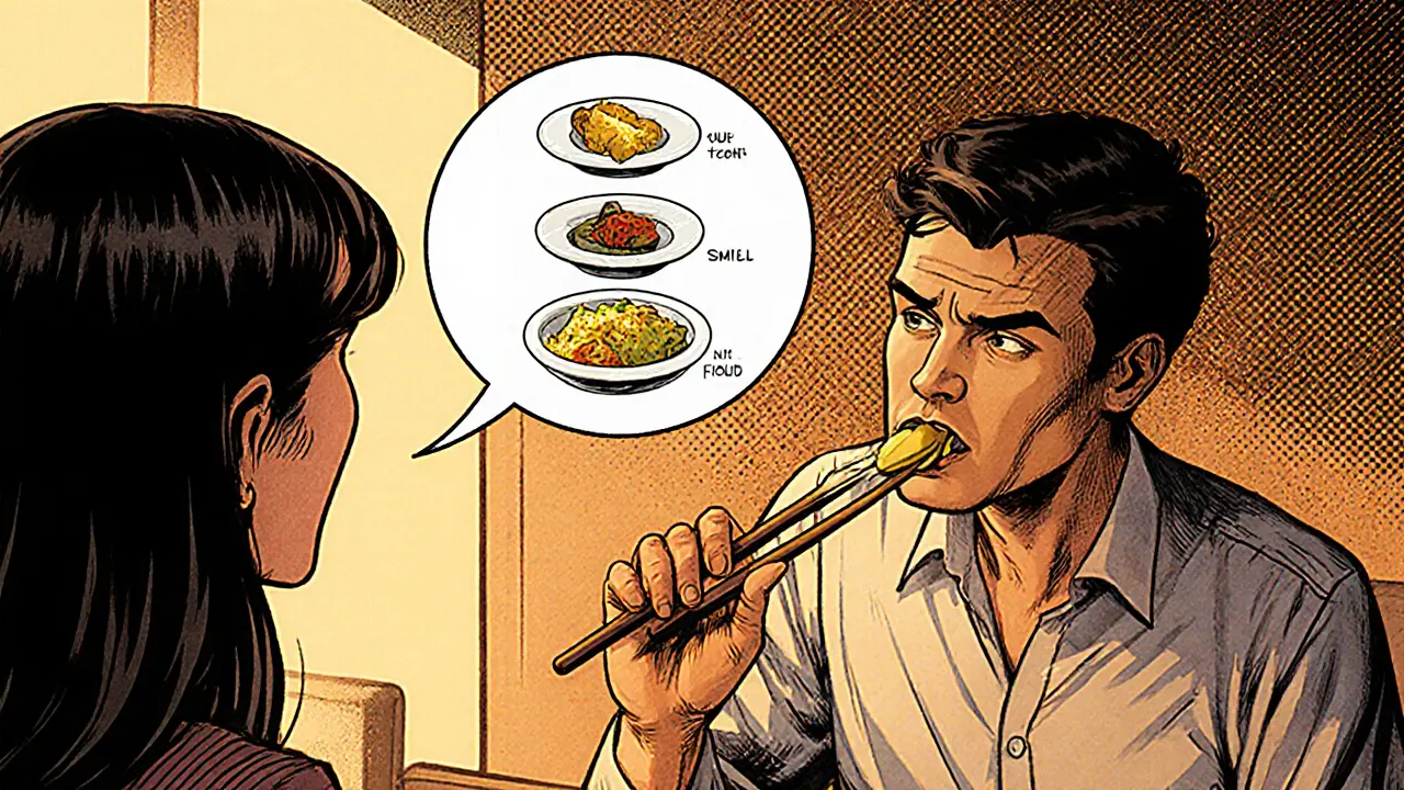 Terapeut a dospělý pacient se setkávají v klidné místnosti, kde pacient pomalu zkouší nové jídlo.