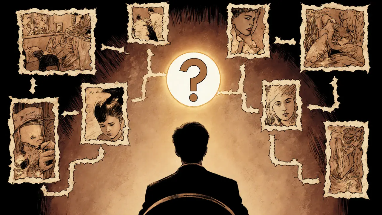 Terapeut a klient sedí ticho, kolem nich se vznášejí vizuální panely jejich myšlenek a vzpomínek.