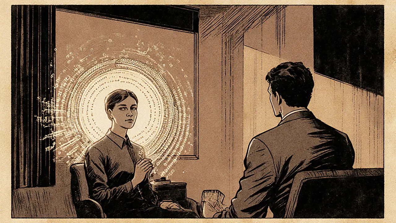 Terapeut a klient sedí v kanceláři, kolem nich se objevují kruhy znázorňující opakující se vzory.