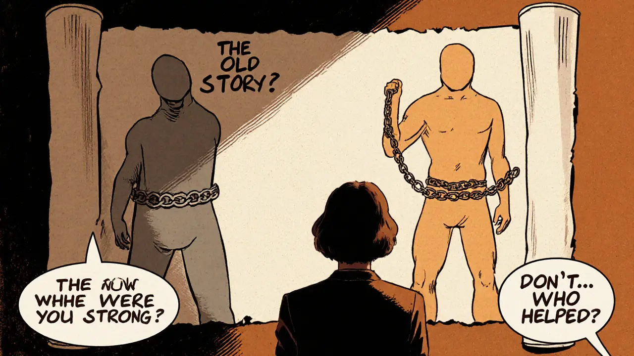 Terapeut a klient společně sledují průhledný příběh, který ukazuje starý a nový životní příběh vedle sebe.