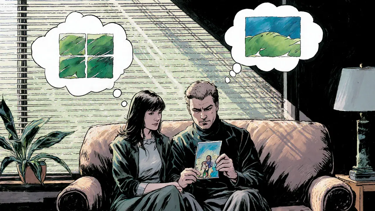 Terapeut a pacient sedí u křesla, pacient drží fotografii dítěte.