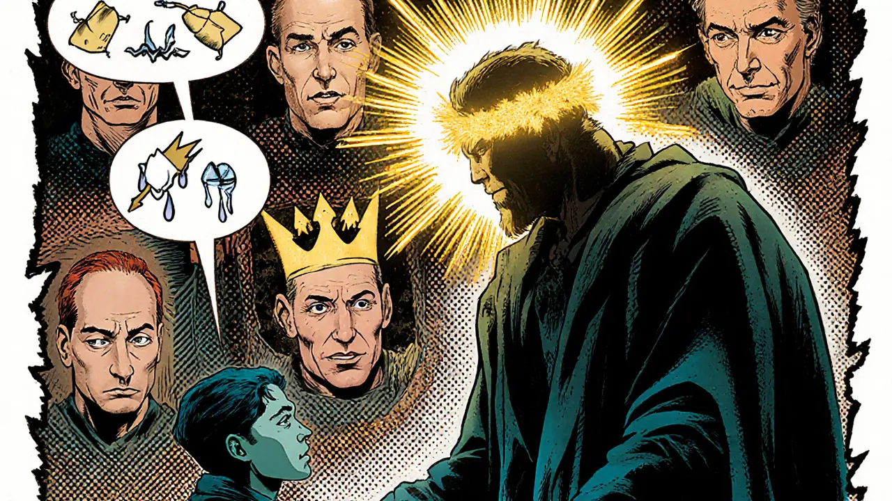 Terapeut a pacient v napětí, pacient má zlatou haló, terapeut je malý a stínový, kolem nich létají symboly bolesti.