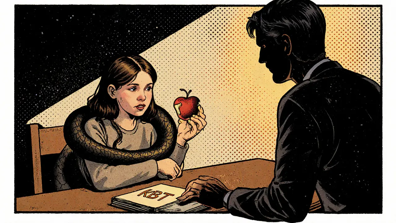 Terapeut a pacientka sedí u stolu, temná hadovitá myšlenka se vinou kolem pacientky.