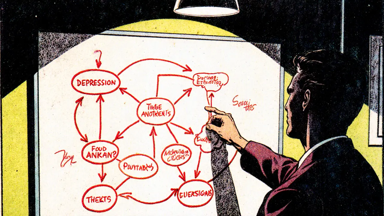 Terapeut ukazuje na plátno s propojenými příznaky depresí, úzkosti a ADHD.