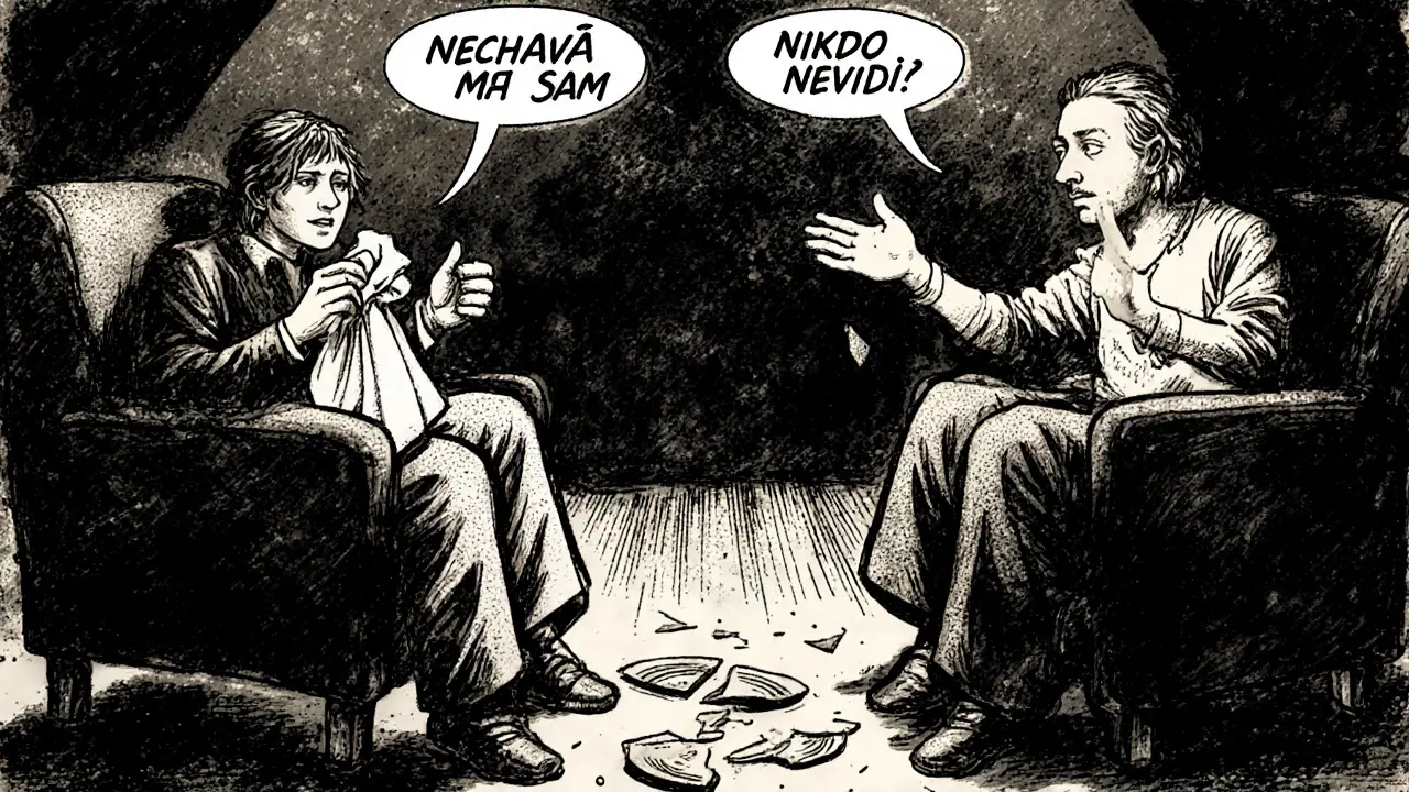 Terapeutická sezení s neřečenými slovy ve vzduchu a rozbitým talířem na podlaze.