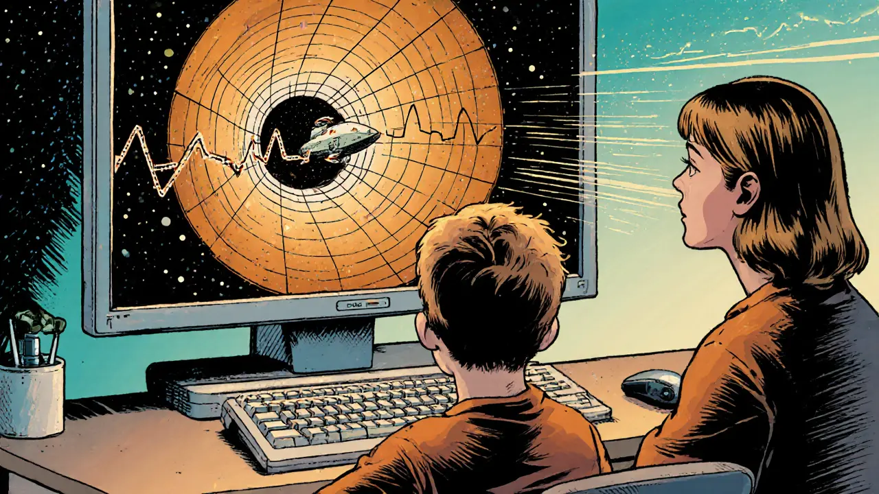 Těžký student ve výukovém centru sleduje EEG vlny na starém monitoru.