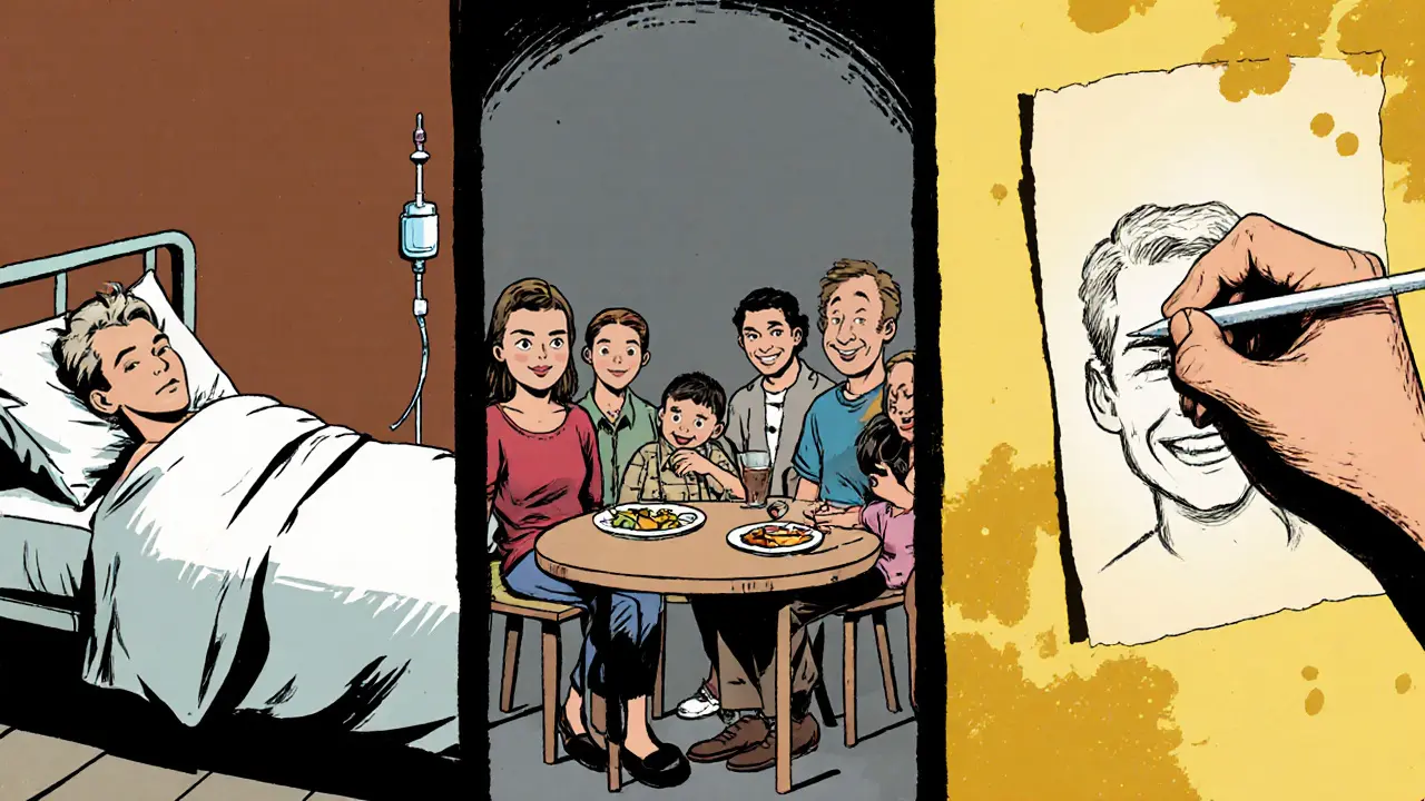 Tři panely znázorňující hospitalizaci, rodinnou tabuli a kreslení sebeobrazu jako symbol uzdravení.