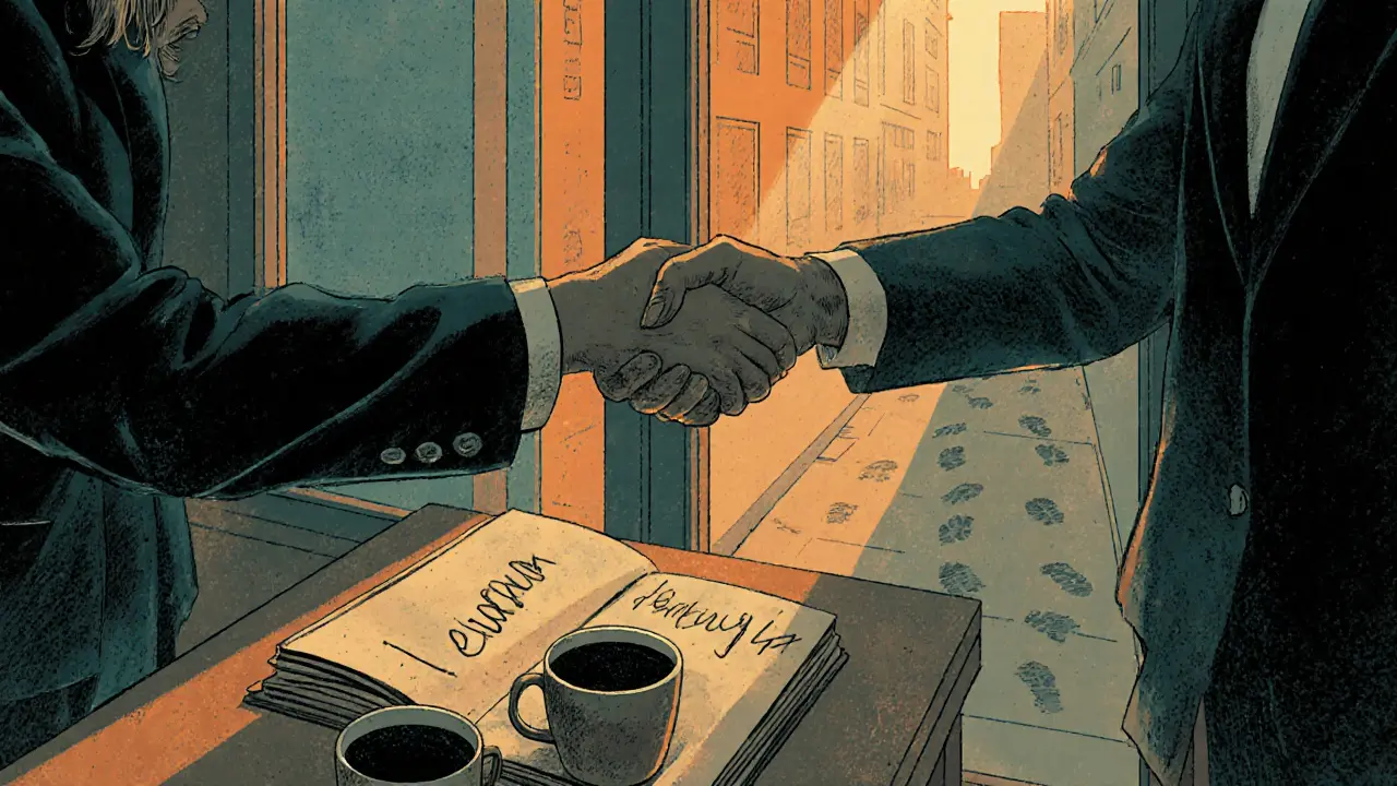 Ukončení terapie na ranním světle, lidé se loučí, cesta pokračuje ven.