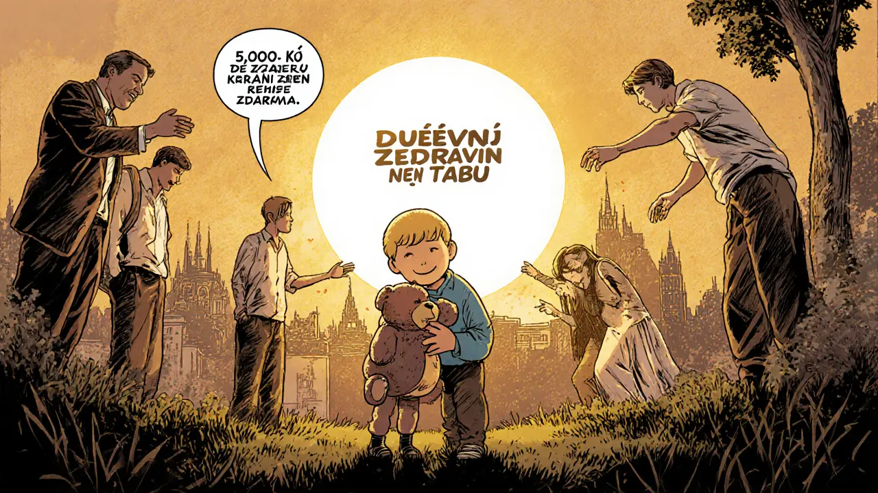 Ukrajinské dítě s panáčkem stojí s terapeutem v parku, kolem nich lidé směřují k zářícímu vstupu.