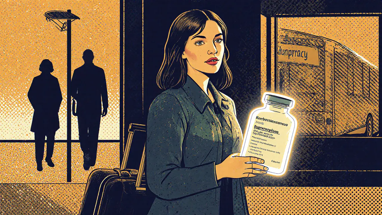 Žena drží předpis na buprenorfin a dívá se k autobusové zastávce.