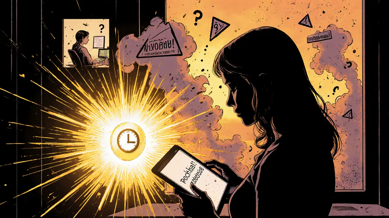 Žena kliká na tlačítko rychlé terapie, zářící světlo směřuje k terapeutovi s časovým odpočtem.