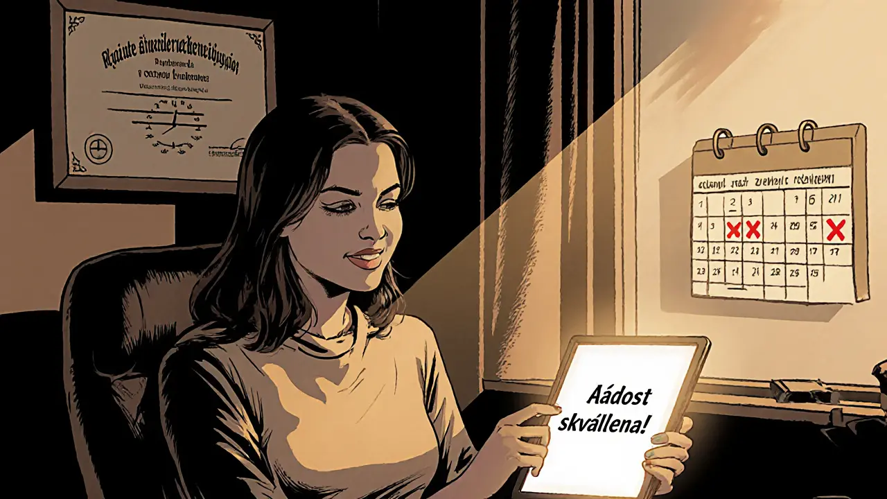 Žena v terapeutické kanceláři s potvrzením schválení žádosti a kalendářem s červenými křížky.