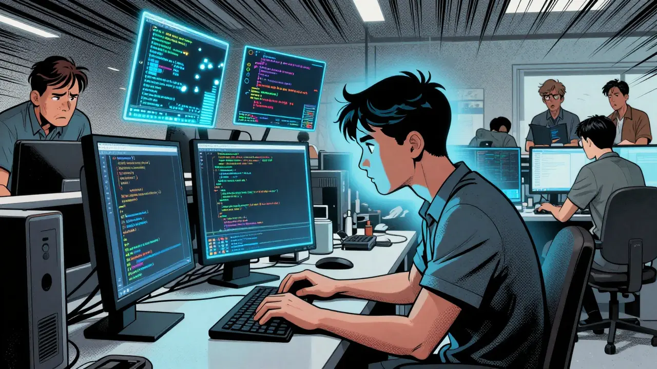 Autistický zaměstnanec pracuje v klidu na kódu, kolem něj se objevují vizuální vzory dat, ostatní kolegové vypadají vyčerpaní.