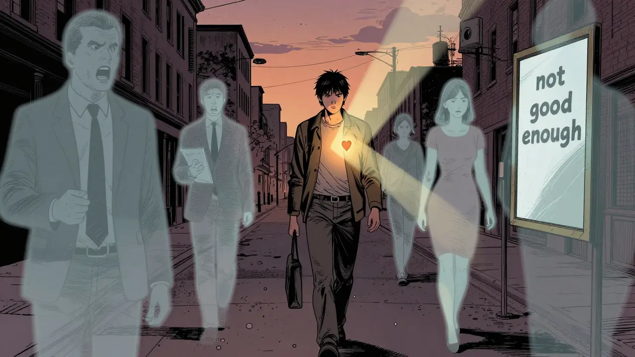 Člověk jde ulicí, kolem něj se vynořují duševní obrazy kritiky a sebeviny, zatímco srdce svítí v jeho hrudi.