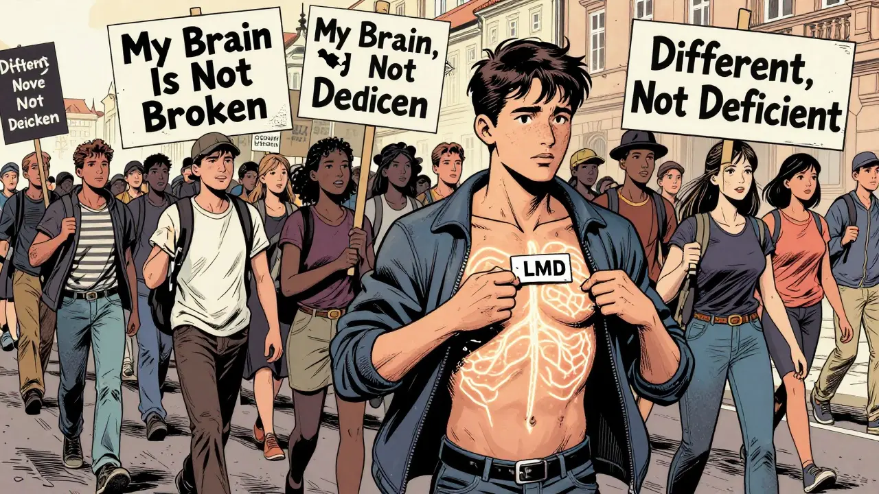 Demonstranti v Praze nesou transparenty s hláškami o neurodiverzitě, jeden z nich odstraňuje štítek 'LMD' z prsu, odhaluje zářící nervovou síť.