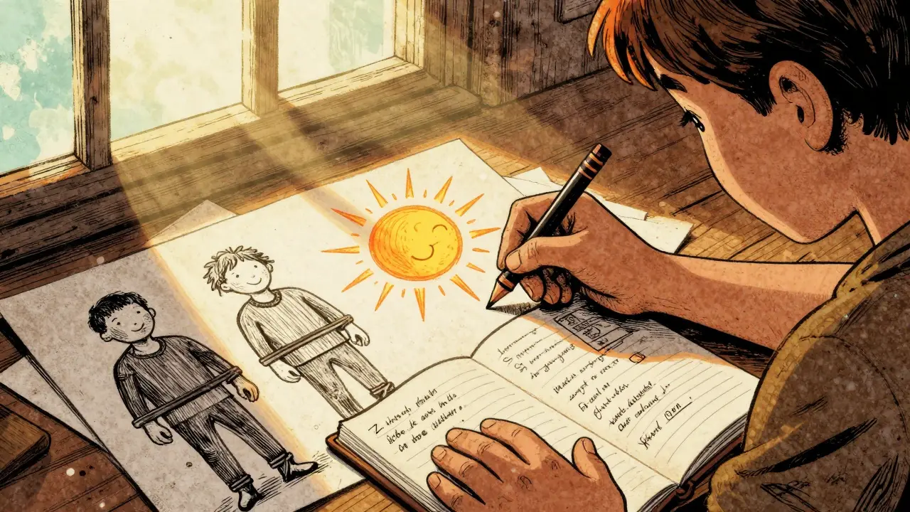 Dítě drží kresbu slunce nad dřívějšími obrazci s přivázanými postavami, terapeut sedí vedle.