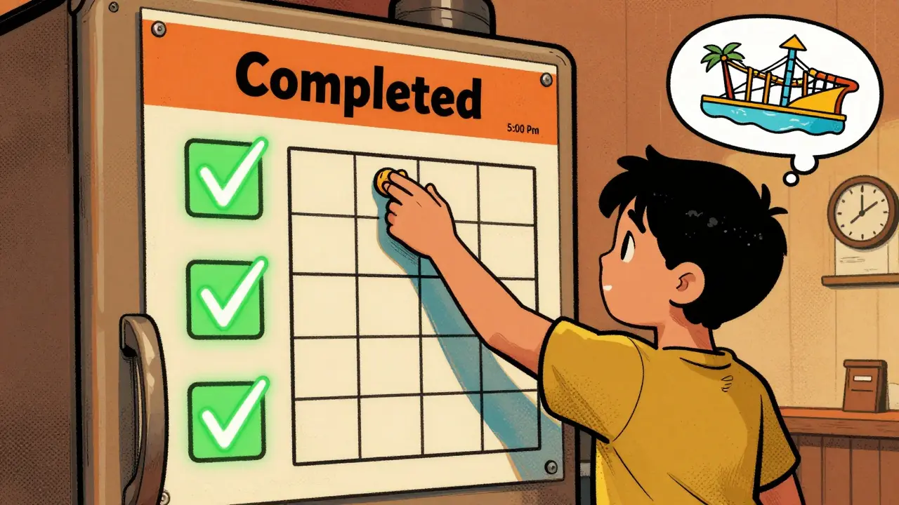 Dítě přesouvá magnetku do sloupce 'Hotovo' na tabuli na ledničce s viditelnými odměnami.