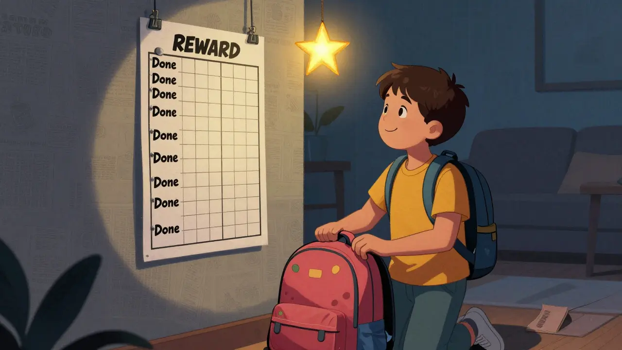 Dítě samostatně balí batoh večer, zatímco na zdi vidí splněné úkoly na tabuli.