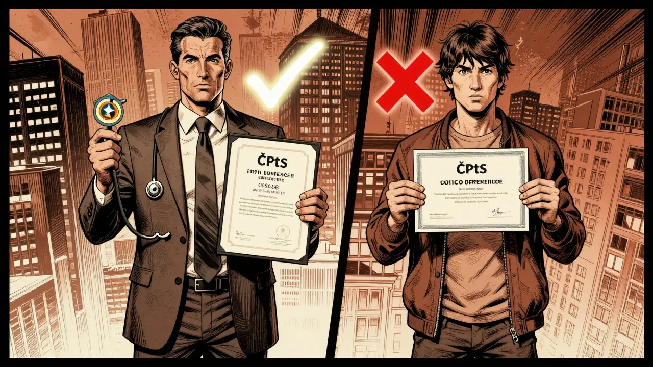 Dva terapeuti: jeden s lékařským diplomem a oficiálním potvrzením, druhý s falešným certifikátem.