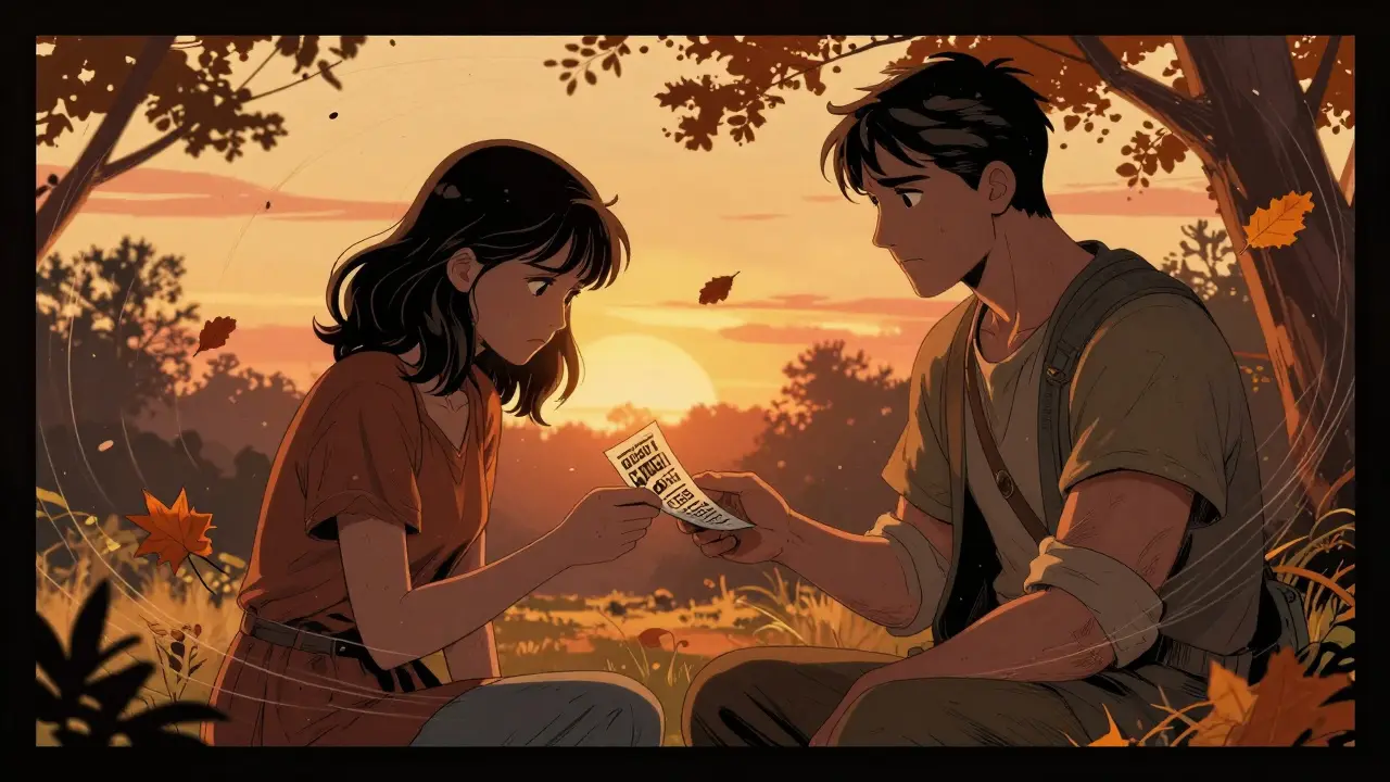 Dvě osoby v parku při západu slunce, jedna podává druhému leták s telefonní číslem.
