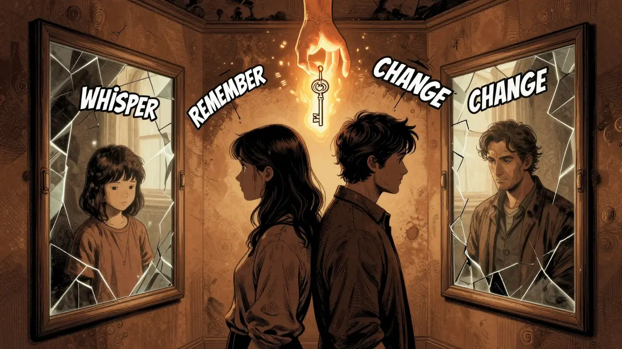 Dvě postavy zády k sobě v zrcadlové místnosti, odrážející jejich dětské verze, nad nimi klíč 'Přenos'.