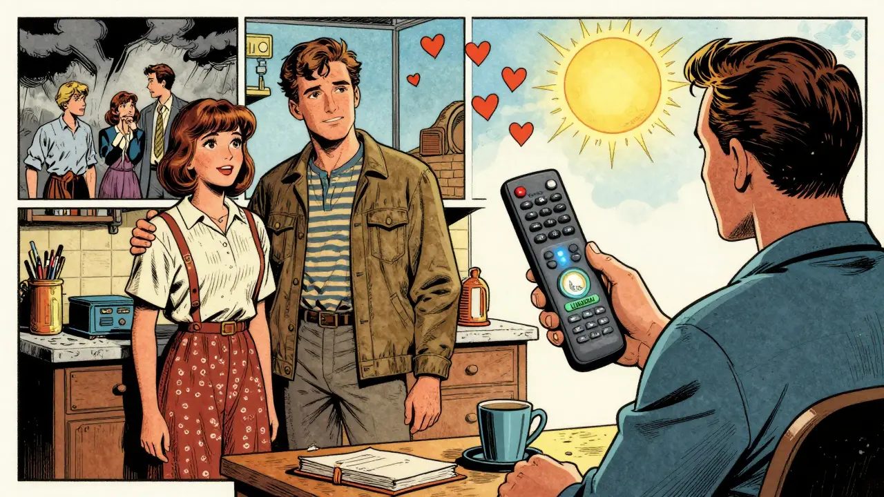 Dvojice jako postavy z československého sitcomu 70. let, terapeut používá dálkové ovládání k přepnutí na smích.