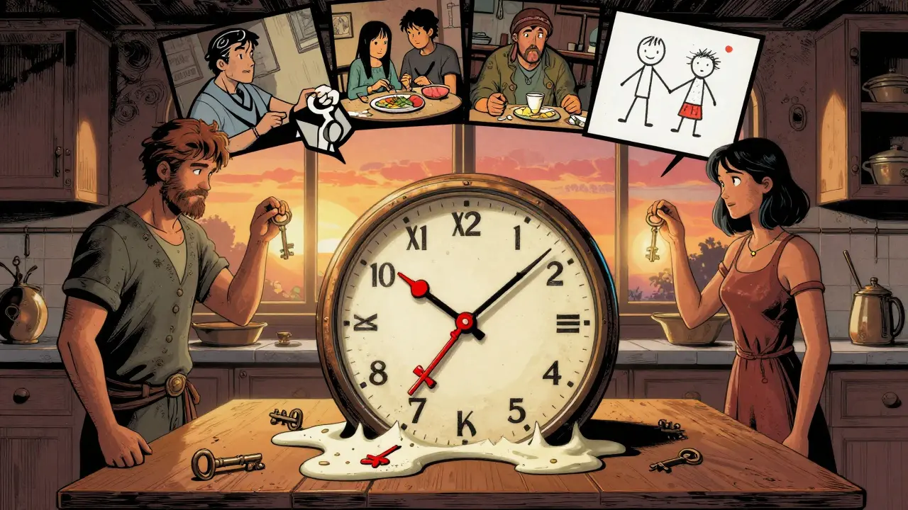 Hodiny tají se klíči, pár drží zářící klíče, za nimi vzpomínky z minulosti.