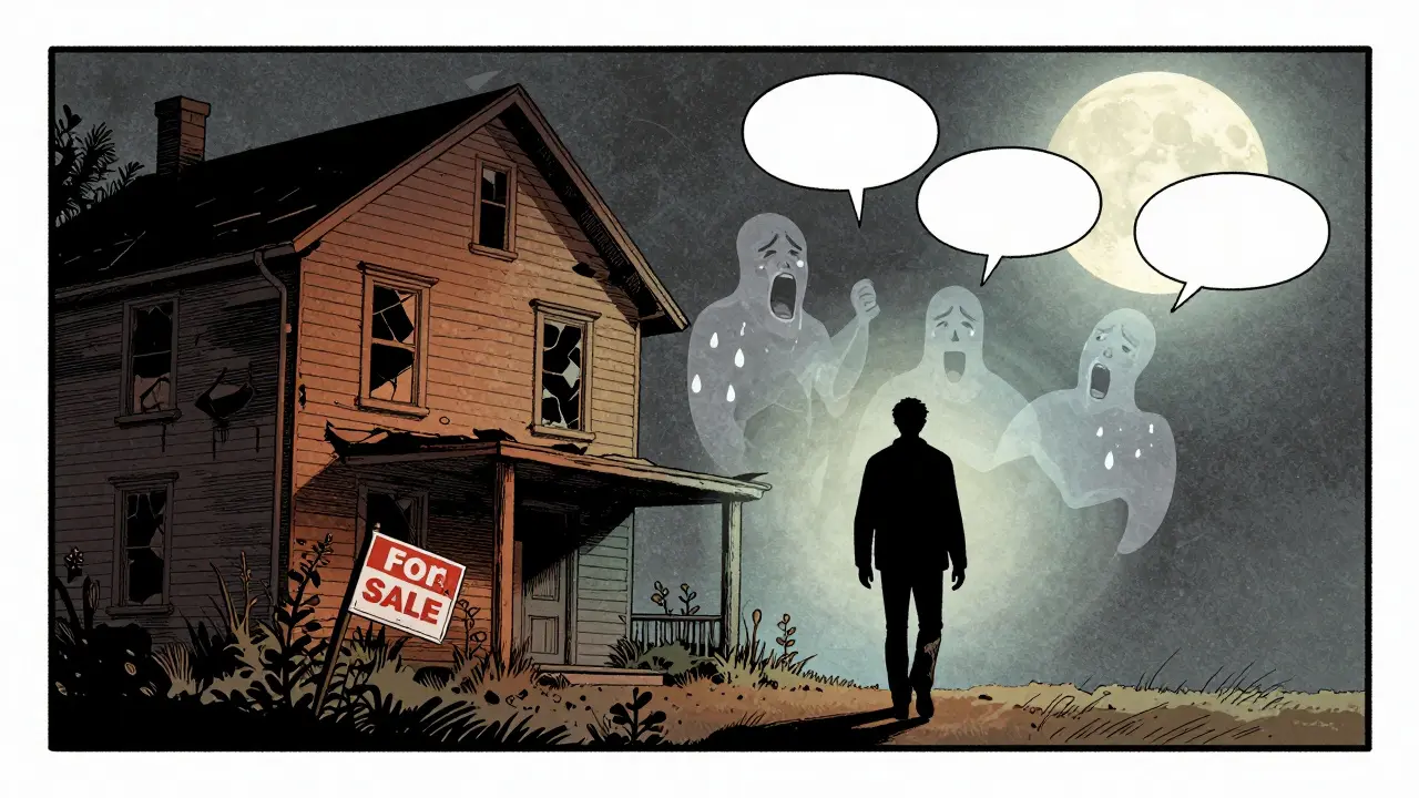 Jedna osoba odchází od zříceného domu, za ní se jeví stíny minulých konfliktů pod měsícem.