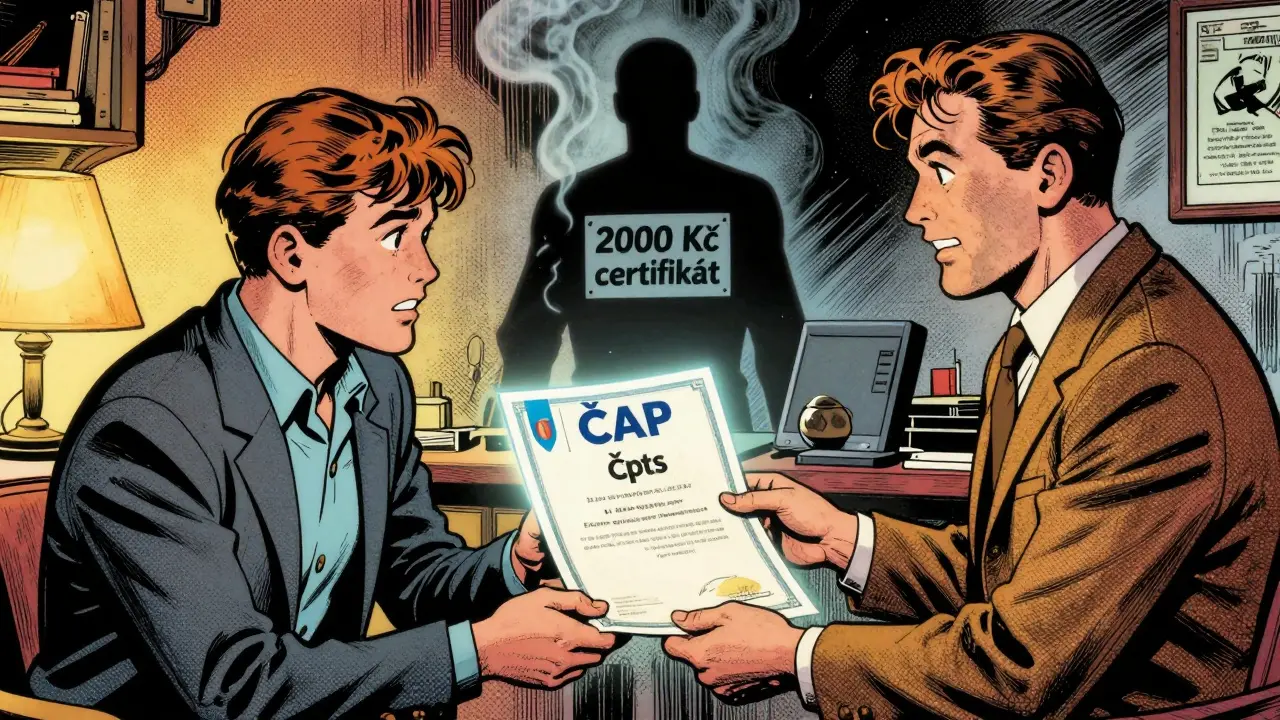 Klient předává terapeutovi ověřený certifikát, zatímco falešný záznam se mění v kouř.