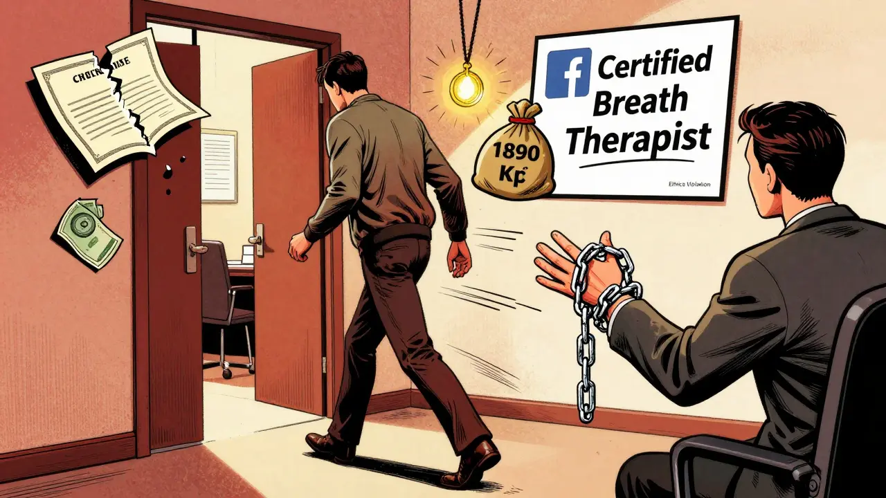 Klient vychází z ordinace, za ním se vznášejí symboly podvodu a nákladných produktů.