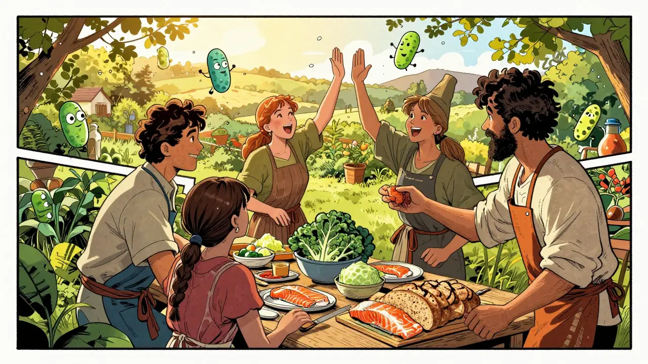 Lidé připravují zdravou jídelníčkovou sestavu s rybou, zeleninou a kysaným zelím v zahradě.