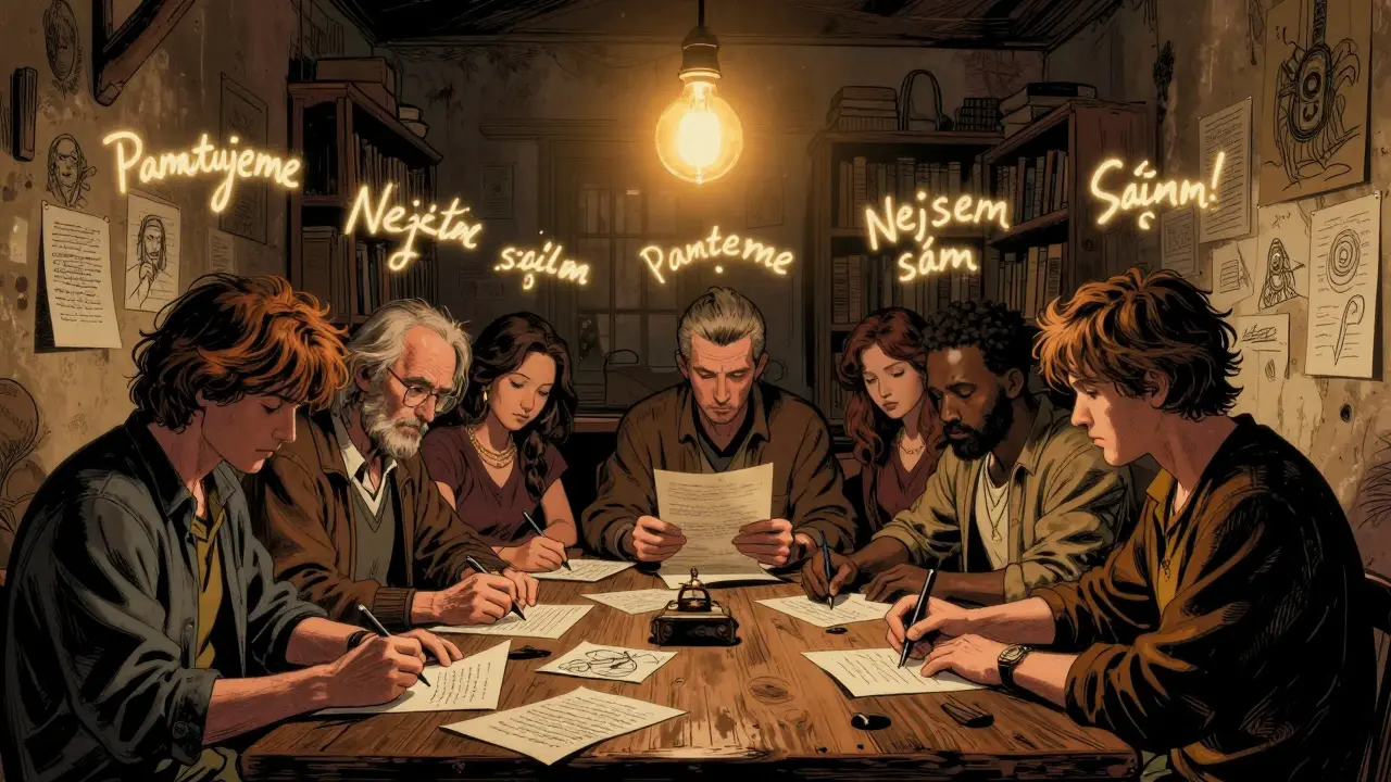 Lidé v knihovně sdílejí příběhy, z jejich rukou vystupují slova paměti.